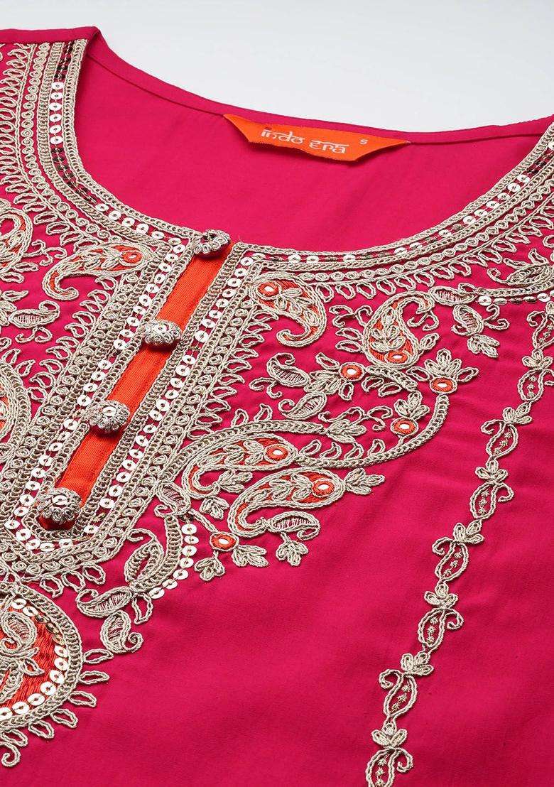 Pink Solid Silk Blend Kurta Set - Indya