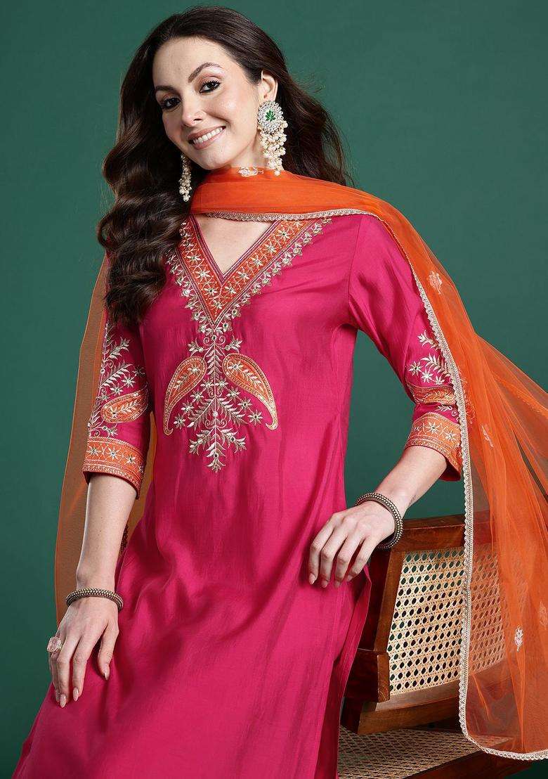 Pink Solid Silk Blend Kurta Set - Indya