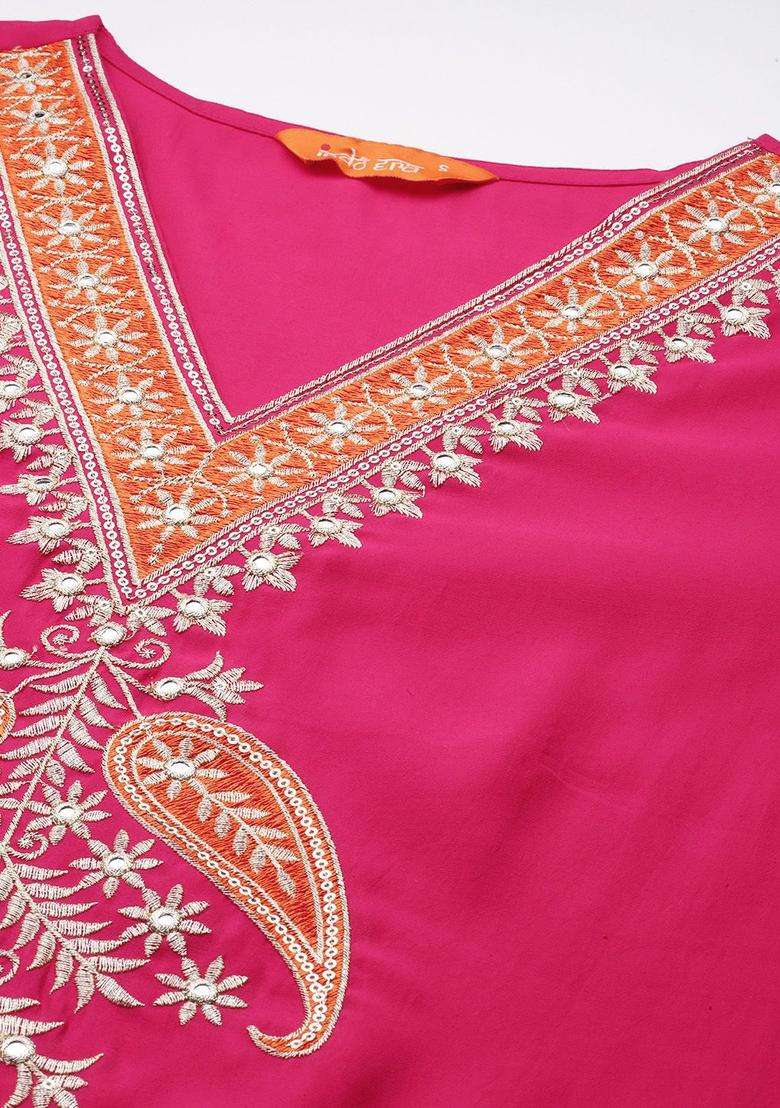 Pink Solid Silk Blend Kurta Set - Indya