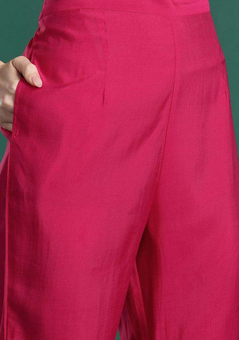 Pink Solid Silk Blend Kurta Set - Indya