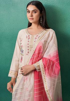 Cream Embroidered Silk Blend Kurta Set
