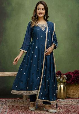Teal Embroidered Silk Blend Anarkali Set
