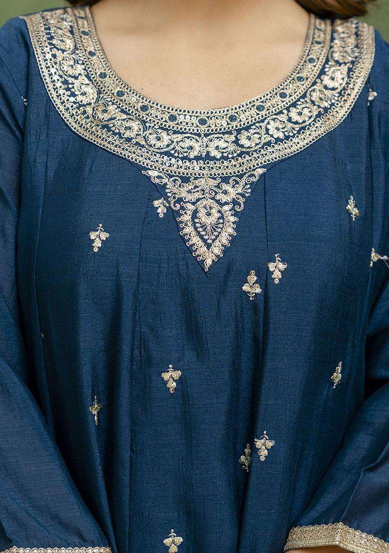 Teal Embroidered Silk Blend Anarkali Set - Indya