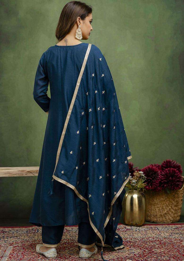 Teal Embroidered Silk Blend Anarkali Set - Indya