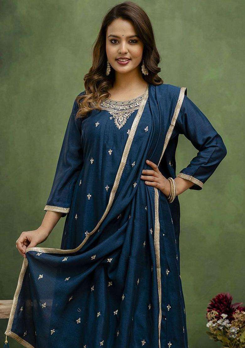 Teal Embroidered Silk Blend Anarkali Set - Indya