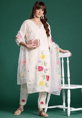 Off White Embroidered Silk Blend Kurta Set