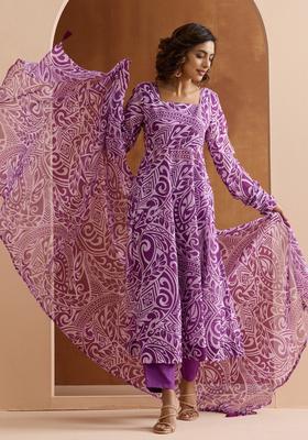 Purple Printed Georgette Kurta Set