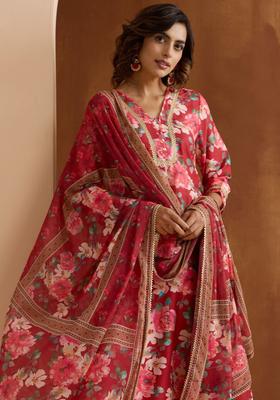 Red Printed Georgette Kurta Set