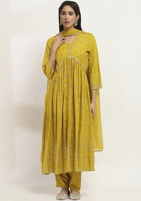 Yellow Self Design Viscose Kurta Set