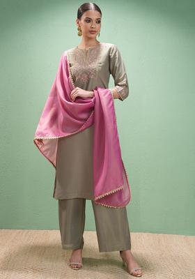 Green Embroidered Polyester Kurta Set