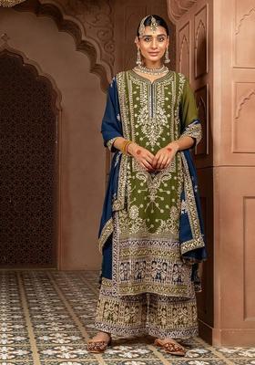 Olive Embroidered Georgette Kurta Set