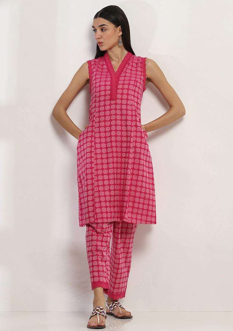 Pink Printed Cotton Kurta Set - Indya
