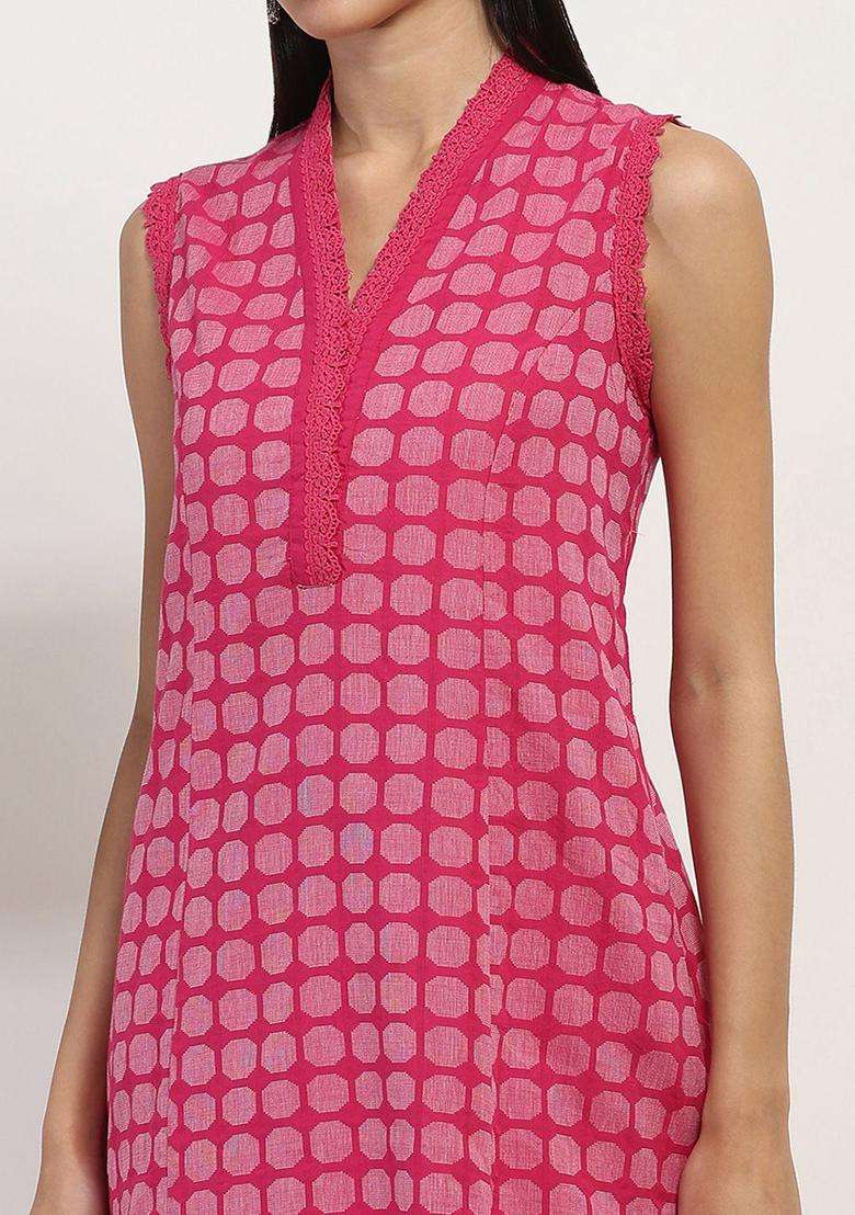 Pink Printed Cotton Kurta Set - Indya