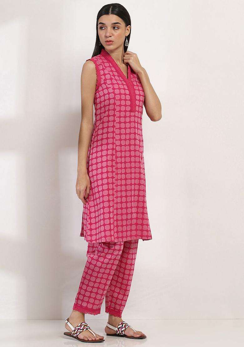 Pink Printed Cotton Kurta Set - Indya