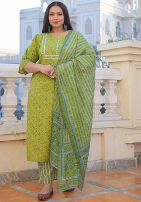 Green Printed Viscose Kurta Set