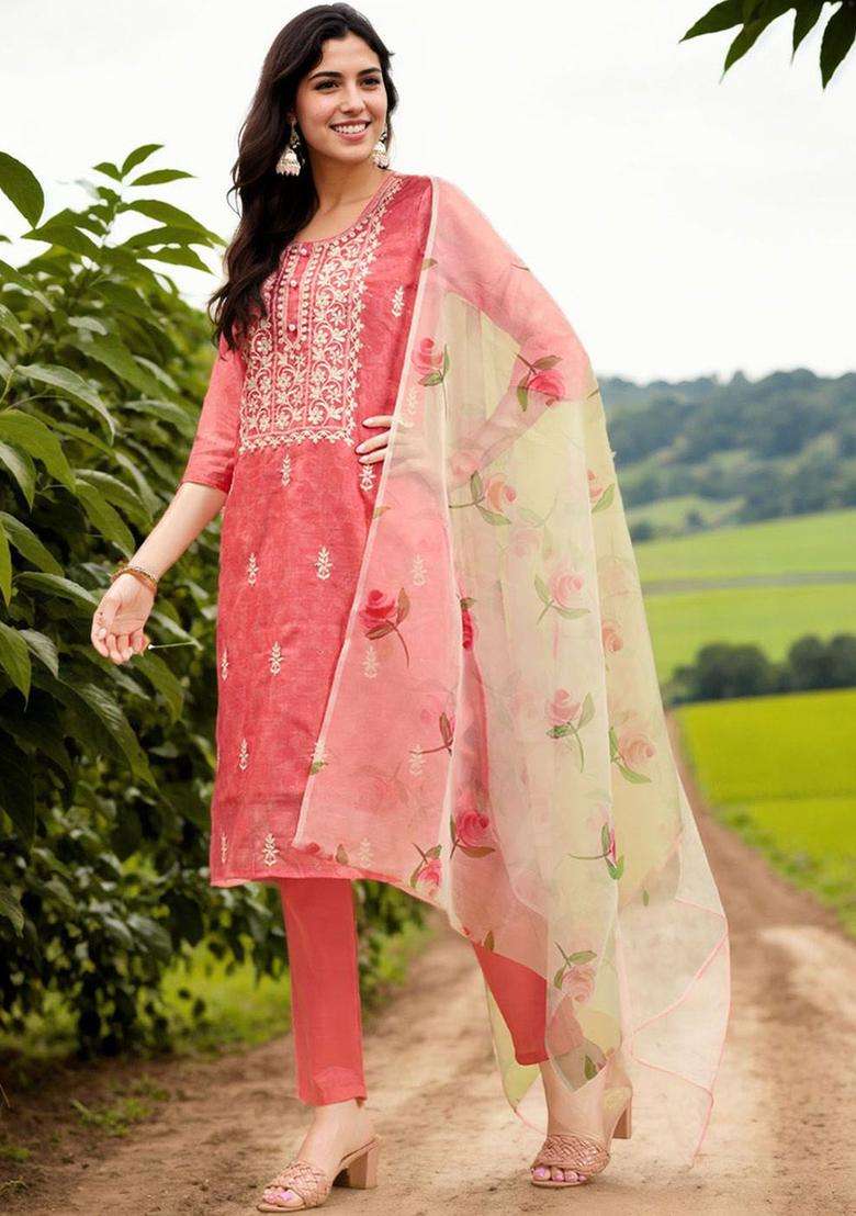 Coral Embroidered Silk Blend Kurta Set - Indya