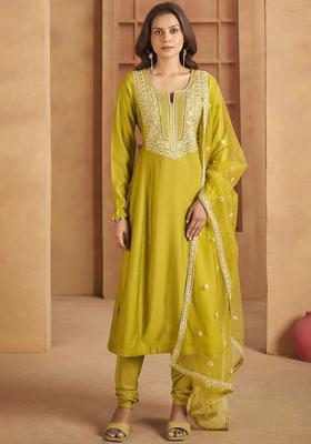 Lime Green Yoke Design Crepe Anarkali Set