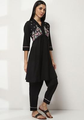 Black Printed Cotton Kurta Set
