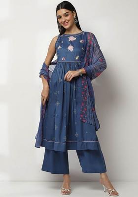 Blue Embroidered Viscose Anarkali Set