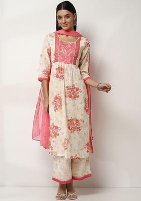 Peach Printed Viscose Kurta Set