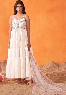 Off White Embroidered Silk Blend Kurta Set