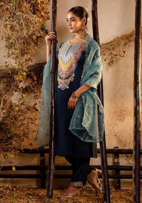 Turquoise Blue Embroidered Viscose Anarkali Set