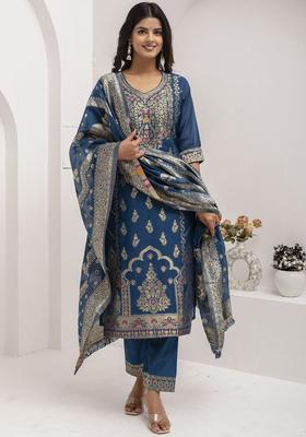 Blue Self Design Silk Blend Anarkali Set