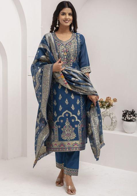 Blue Self Design Silk Anarkali Set — view on Indya