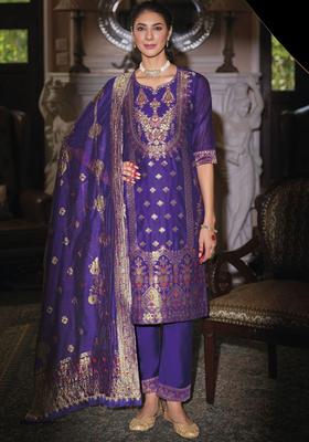 Purple Self Design Silk Kurta Set