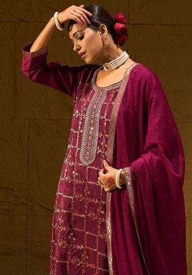 Burgundy Embroidered Silk Blend Kurta Set