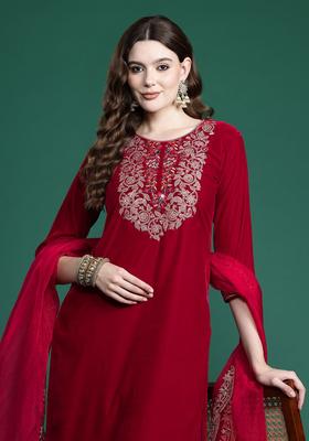 Red Embroidered Velvet Kurta Set