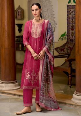 Red Embroidered Viscose Kurta Set