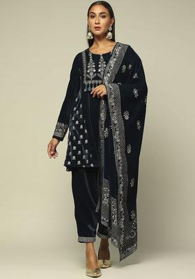 Black Printed Polyester Kurta Set