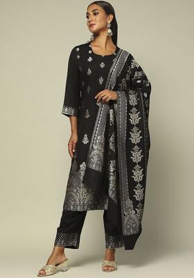 Black Printed Polyester Kurta Set