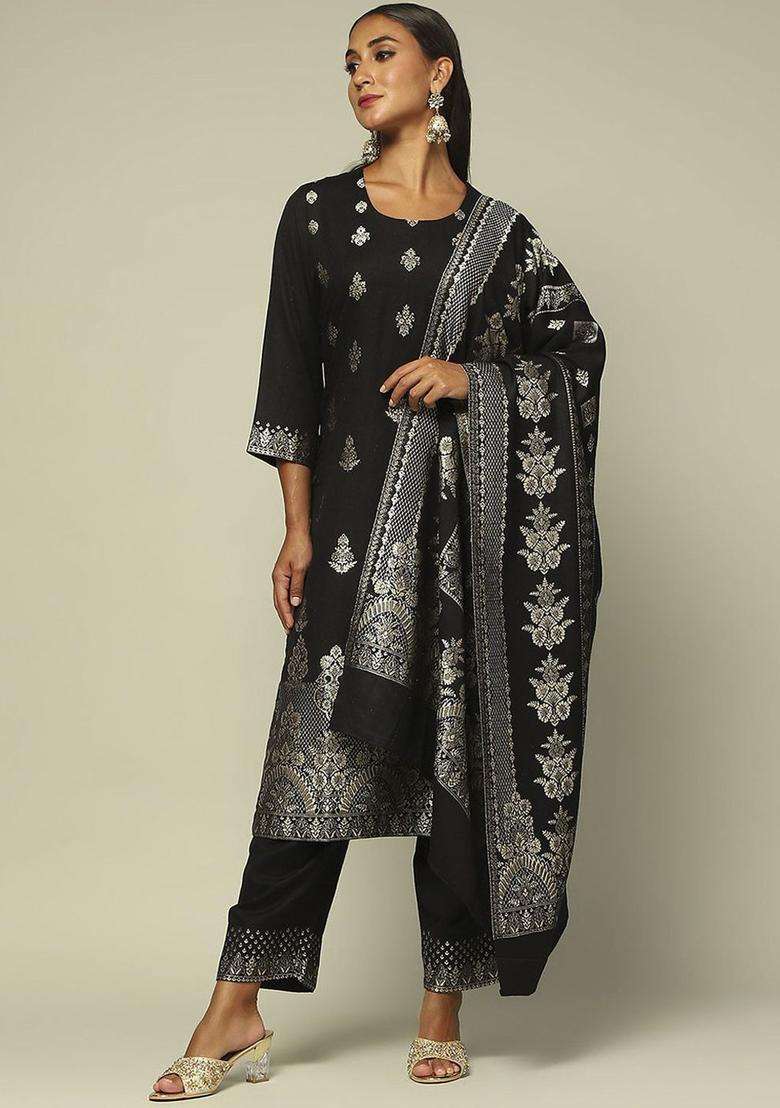 Black Printed Polyester Kurta Set - Indya