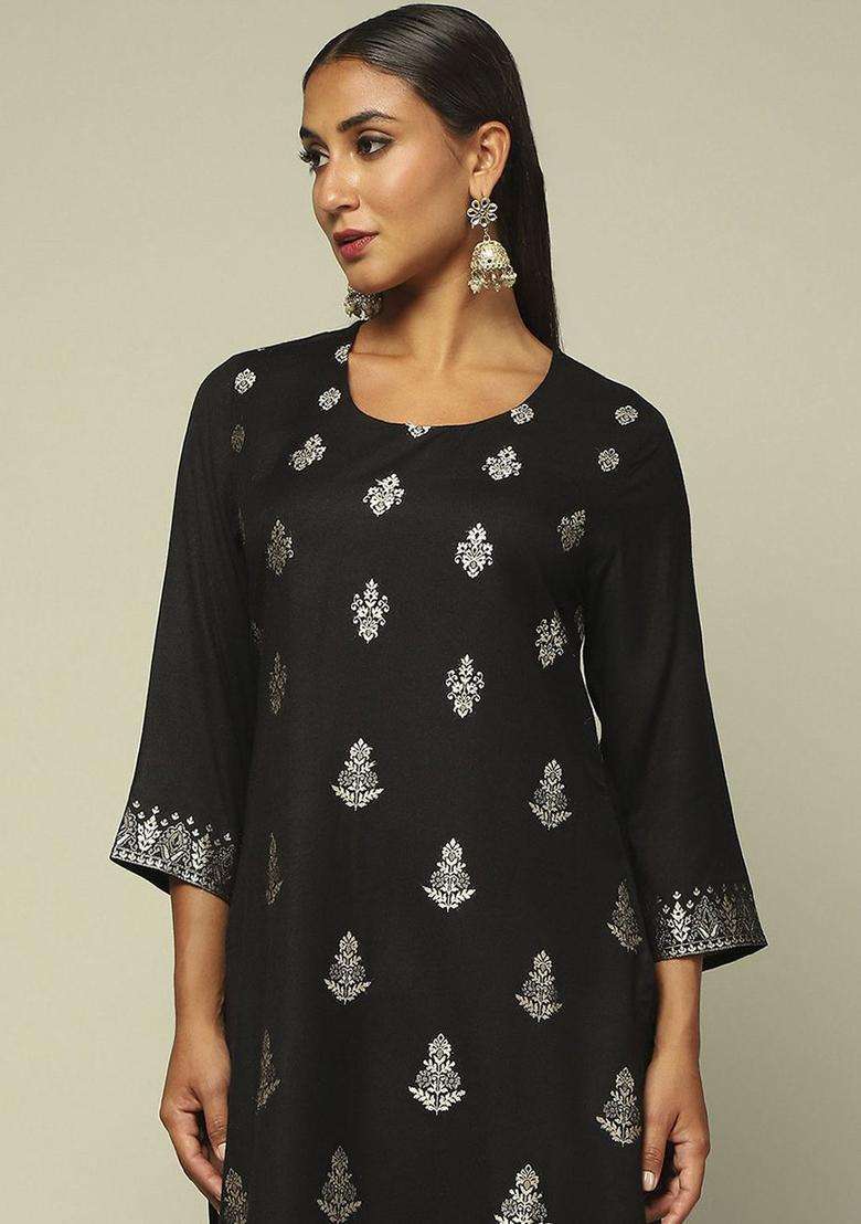 Black Printed Polyester Kurta Set - Indya