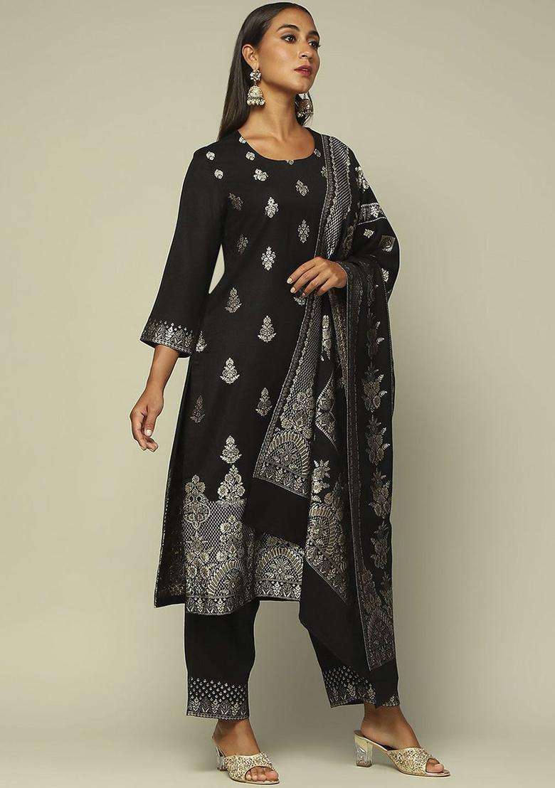 Black Printed Polyester Kurta Set - Indya