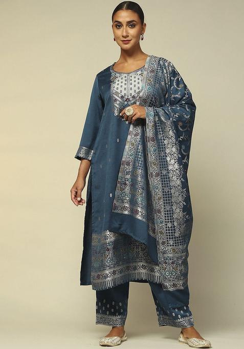 Blue Woven Design Acrylic Kurta Set — view on Indya