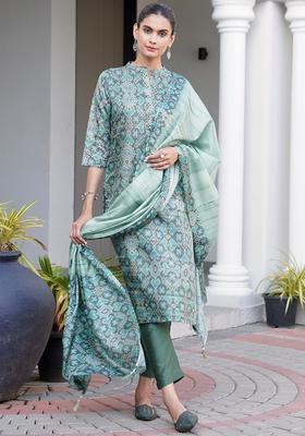 Grey Printed Cotton Kurta Set