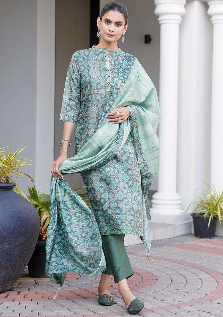 Grey Printed Cotton Kurta Set - Indya