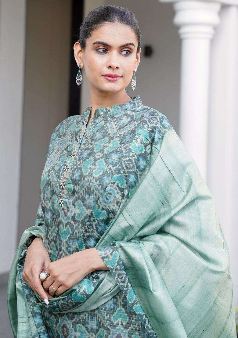 Grey Printed Cotton Kurta Set - Indya