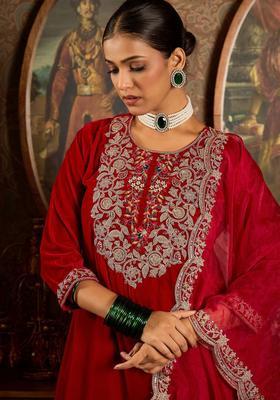 Red Embroidered Velvet Kurta Set
