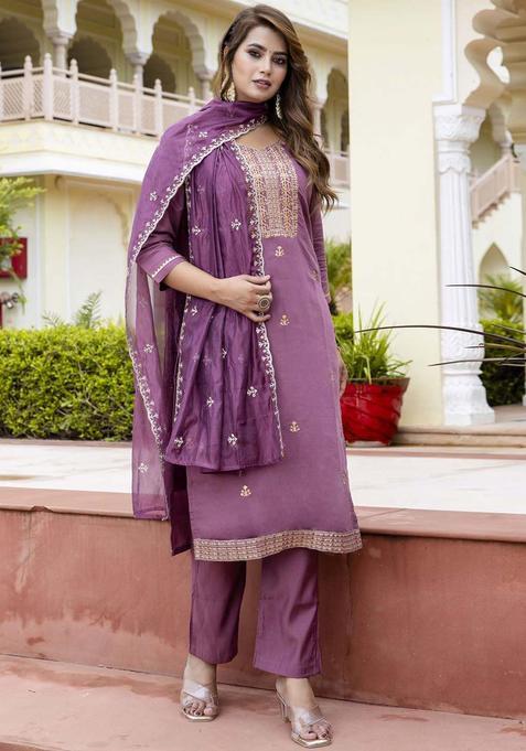 Lavender Embroidered Silk Kurta Set — view on Indya