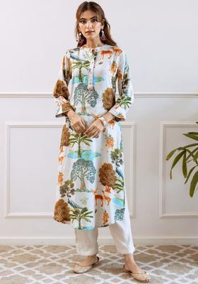 Off White Printed Viscose Kurta Set