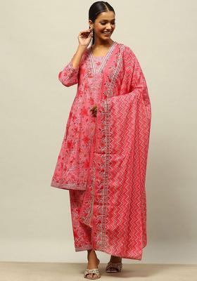 Pink Printed Cotton Kurta Set