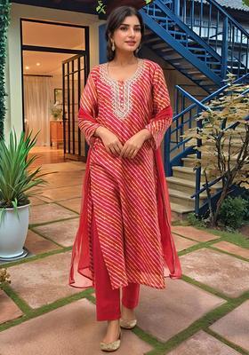 Red Printed Viscose Kurta Set