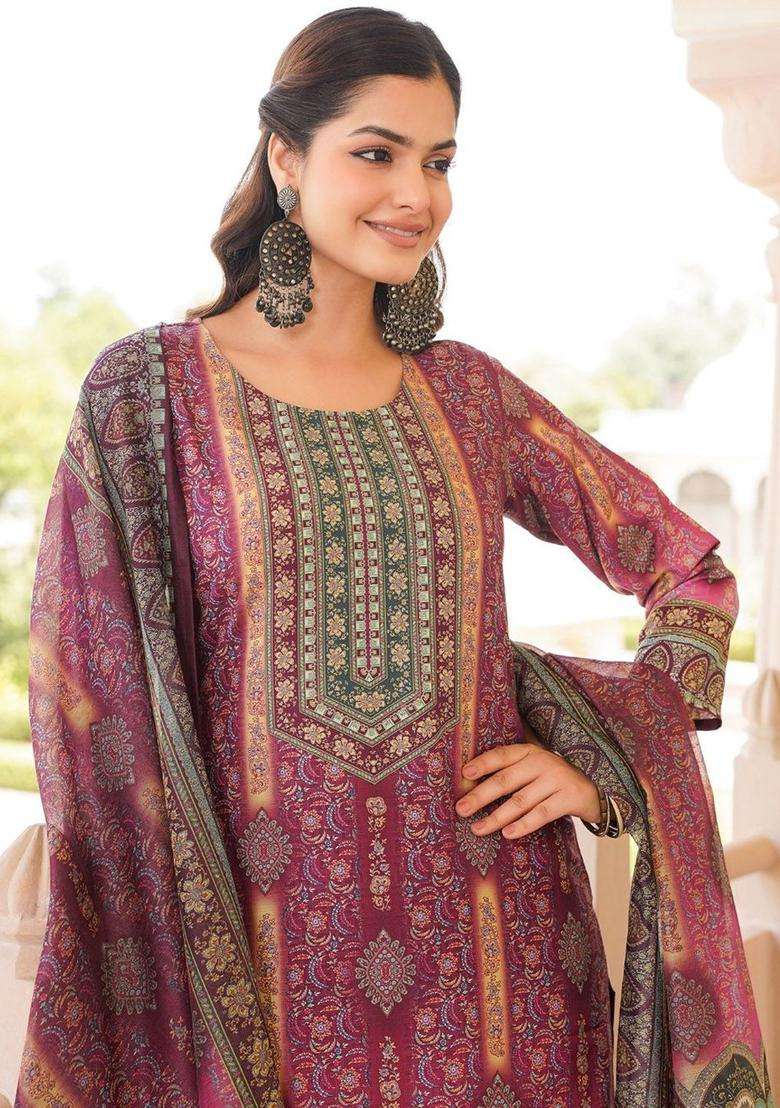 Purple Printed Polyester Kurta Set - Indya