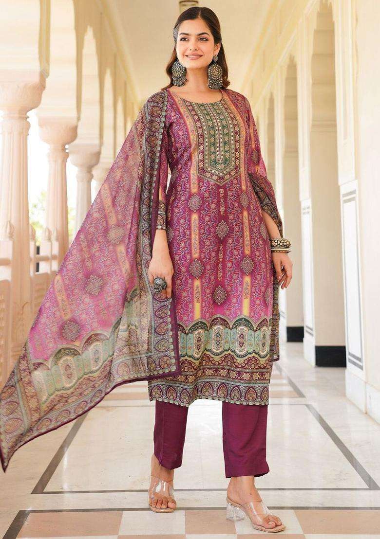 Purple Printed Polyester Kurta Set - Indya