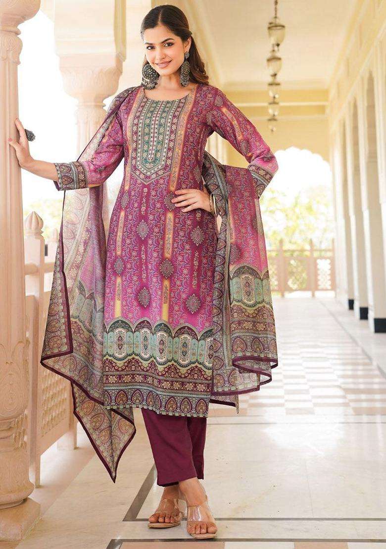 Purple Printed Polyester Kurta Set - Indya