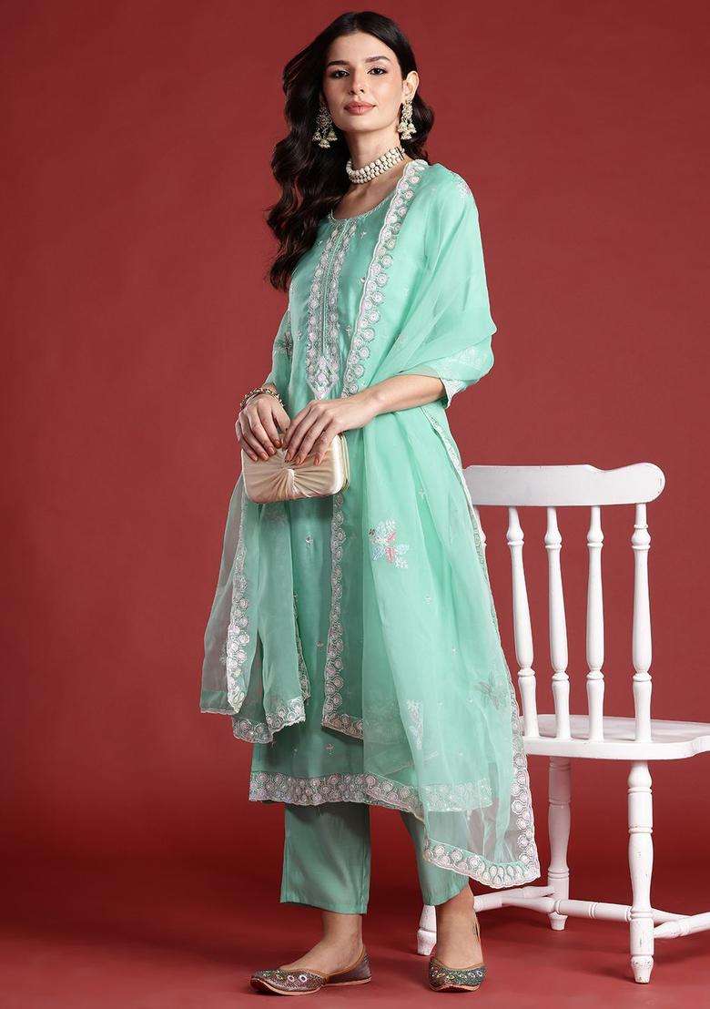 Sea Green Embroidered Silk Blend Kurta Set - Indya